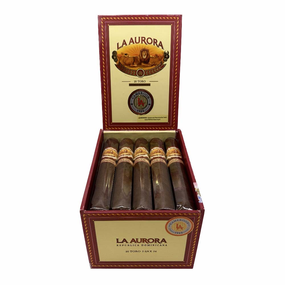 Box of La Aurora cigars, Dominican Republic, featuring 20 Toro cigars with intricate packaging design and brand logo.