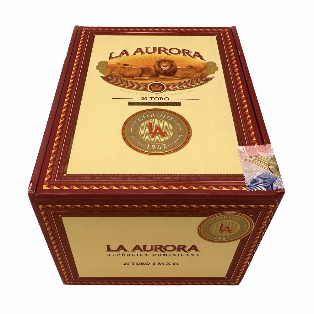 Box of La Aurora cigars with lion logo and detailing, labeled 20 Toro, Dominican Republic.