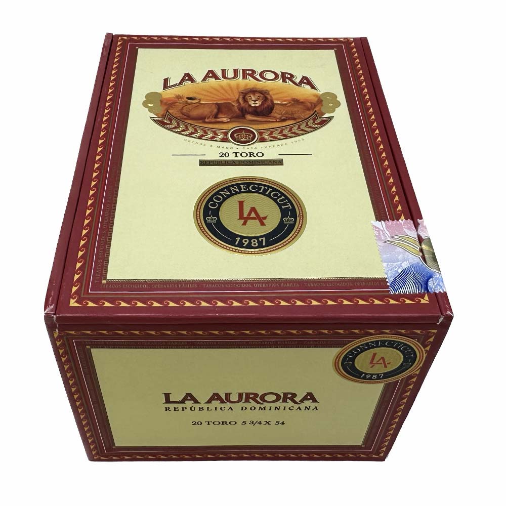La Aurora 20 Toro cigar box, Connecticut wrapper, Dominican Republic origin, lion emblem.