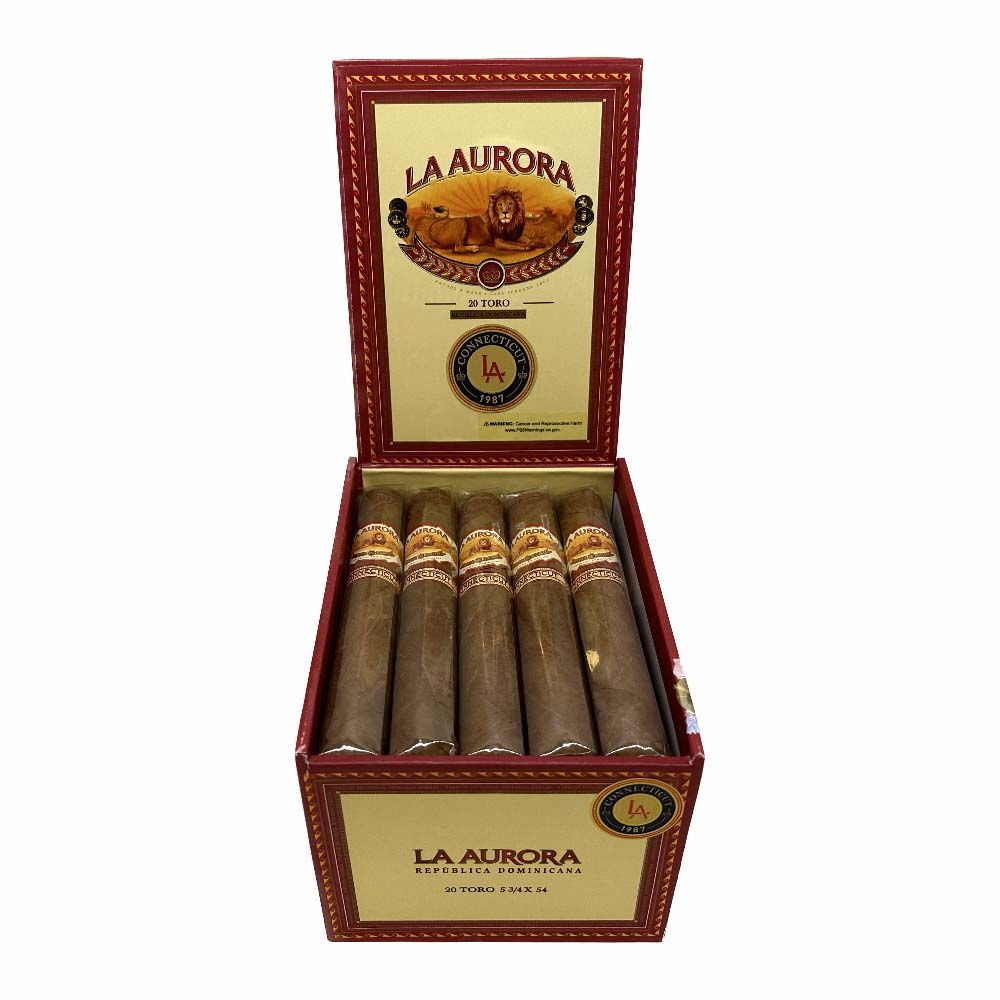 Box of La Aurora Toro cigars with an open lid displaying multiple cigars inside.
