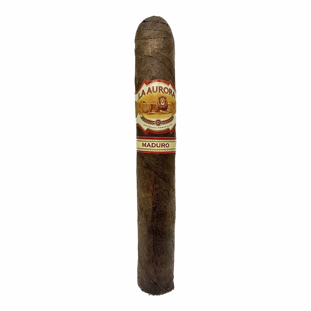 La Aurora Maduro cigar with a dark brown wrapper and an ornate label featuring a lion logo and text.