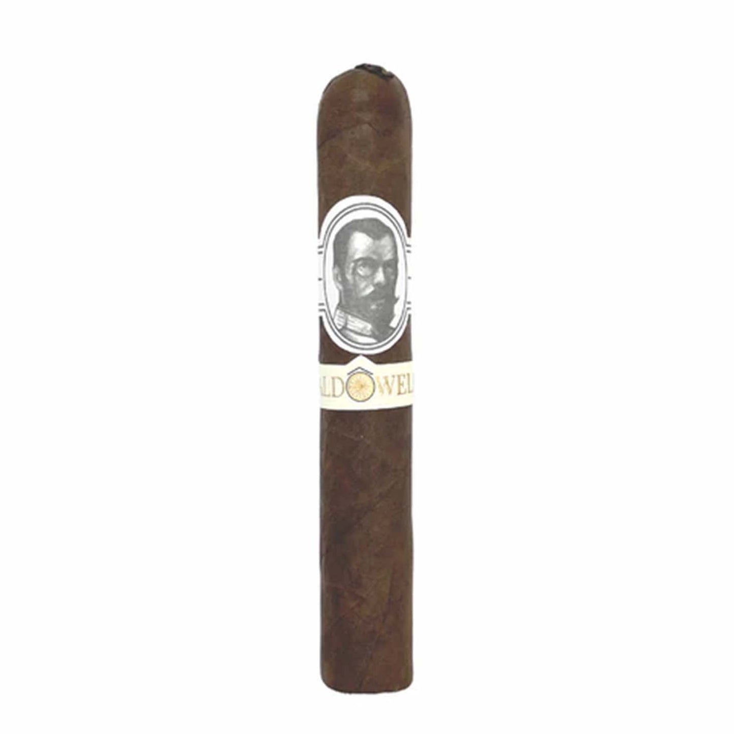 Brown cigar with detailed label featuring a monochrome portrait on a white background.