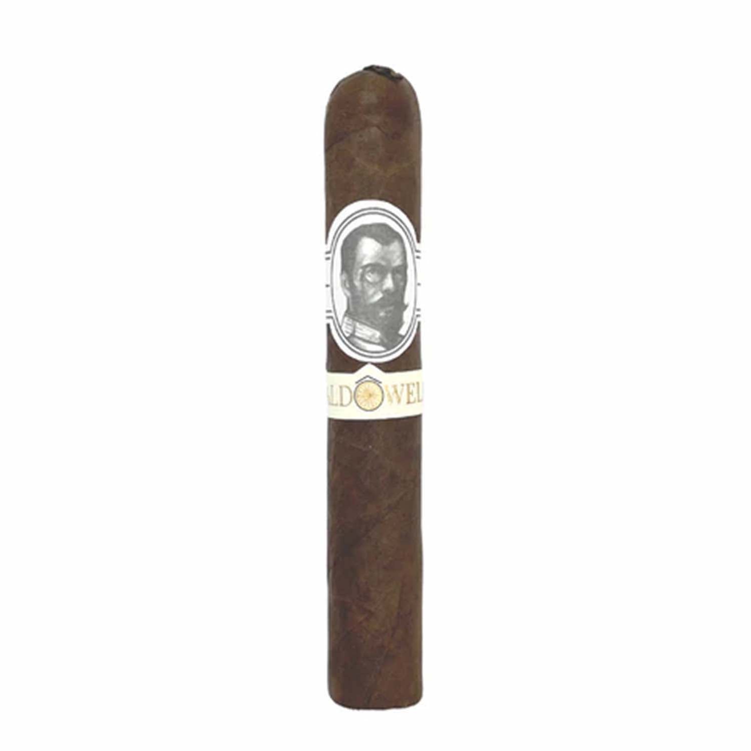 Brown cigar with detailed label featuring a monochrome portrait on a white background.