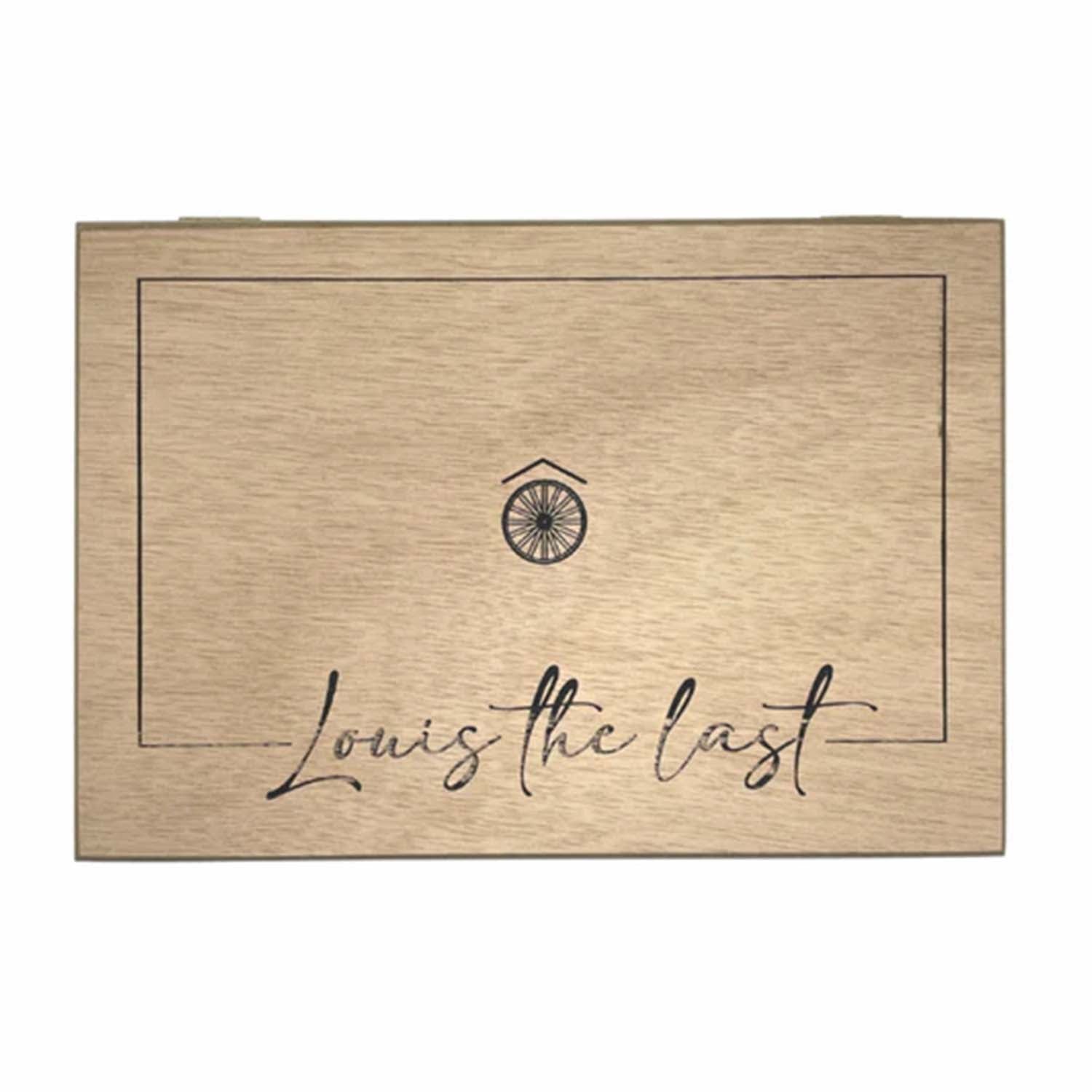 Wooden box with the inscription "Louis the Last" and a circular logo design.