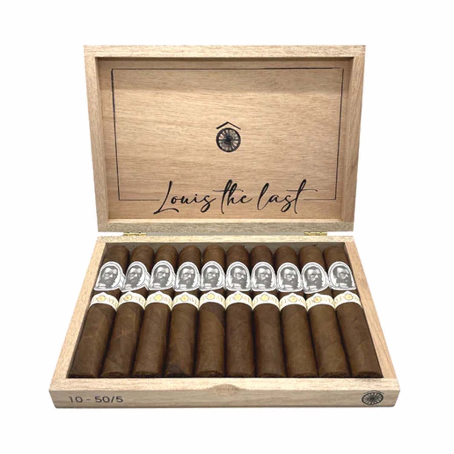 Open wooden box of premium cigars with "Louis the Last" inscription on the lid.