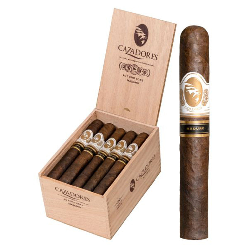 Box of Cazadores Maduro cigars with one cigar displayed upright.