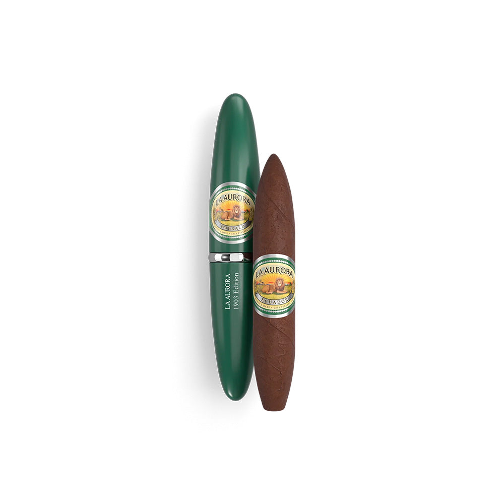 Green cigar tube and brown cigar with La Aurora label on a white background.