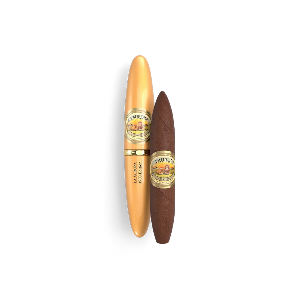 La Aurora Preferidos cigar alongside its elegant gold tube packaging on a white background.