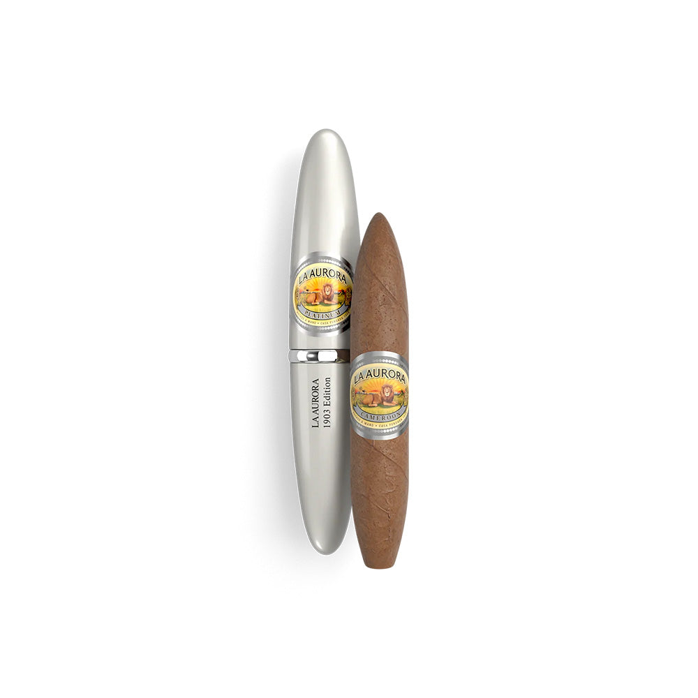 La Aurora 1903 Edition cigar with silver case on white background.