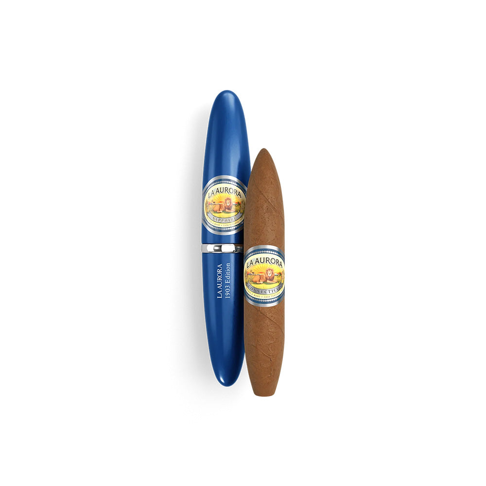 La Aurora cigar and blue La Aurora cigar case with detailed labels on a white background.