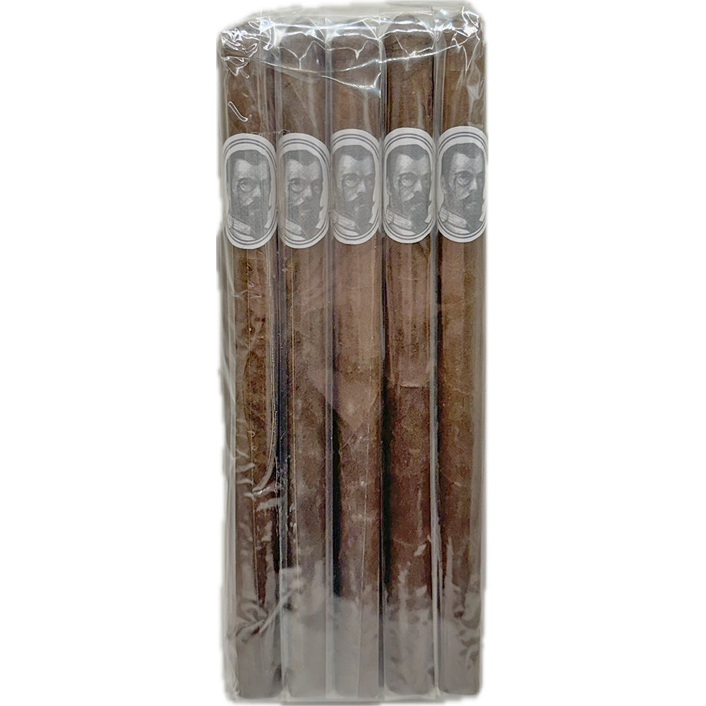 Pack of five cigars wrapped in plastic with artistic portrait labels.