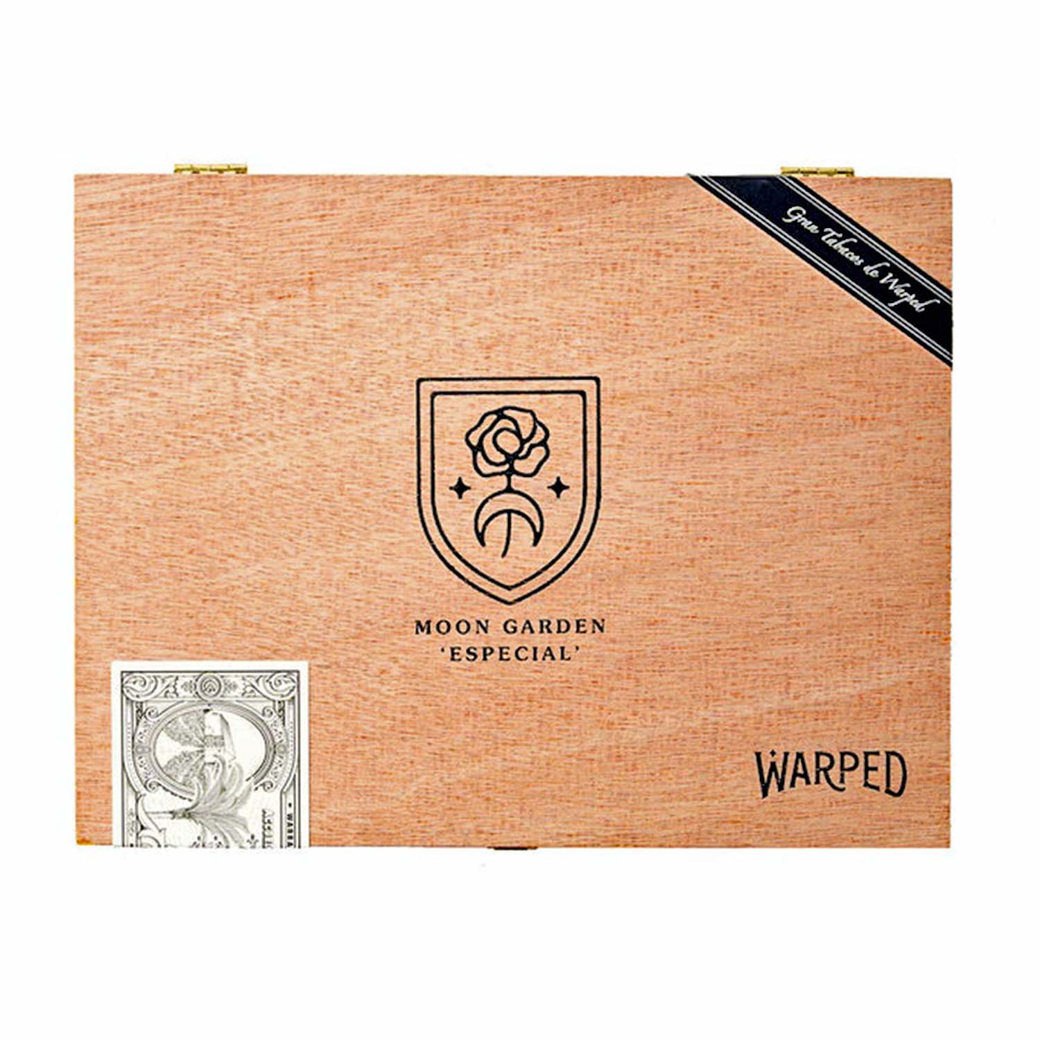 Wooden cigar box with "Moon Garden Especial" logo and crest design features a rose and crescent moon.