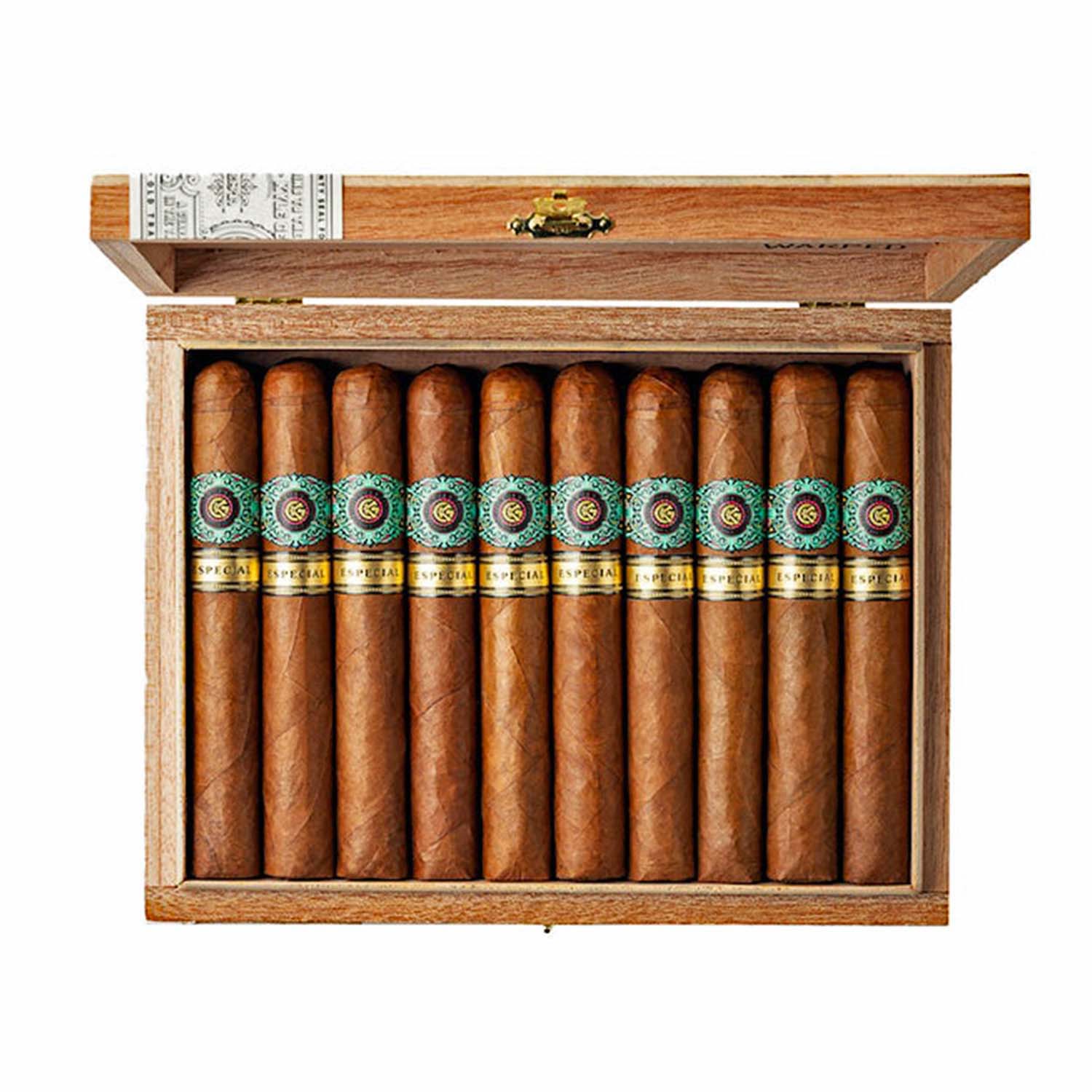 Open wooden box containing twelve premium cigars with decorative bands.
