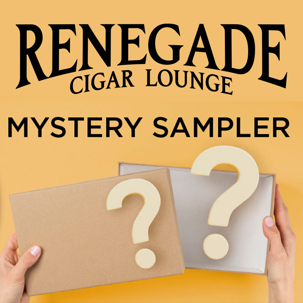 Renegade Cigar Lounge mystery sampler promotion featuring two boxes with question marks.
