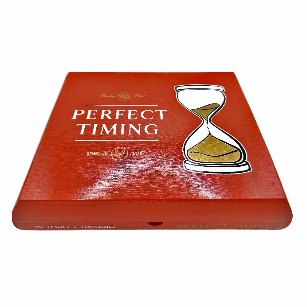 Red cigar box labeled "Perfect Timing" with an hourglass design.