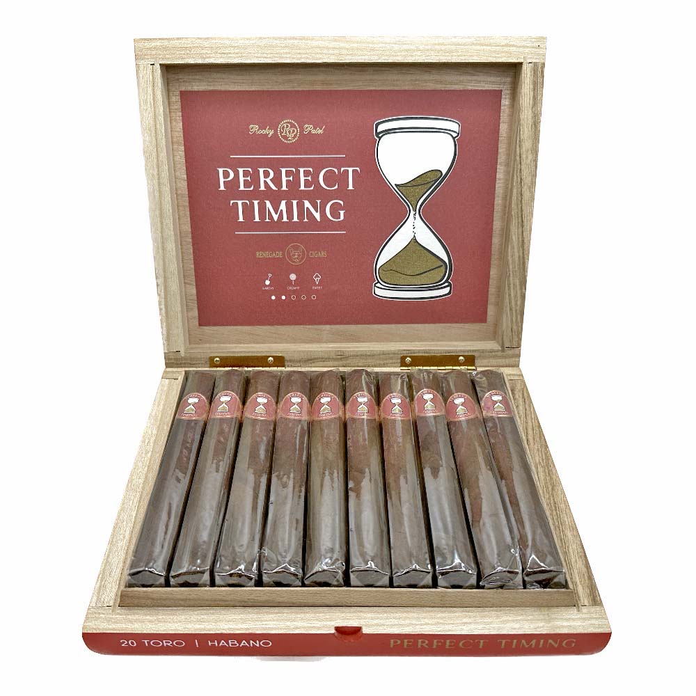 Open wooden cigar box displaying "Perfect Timing" label with an hourglass design, containing rows of cigars.