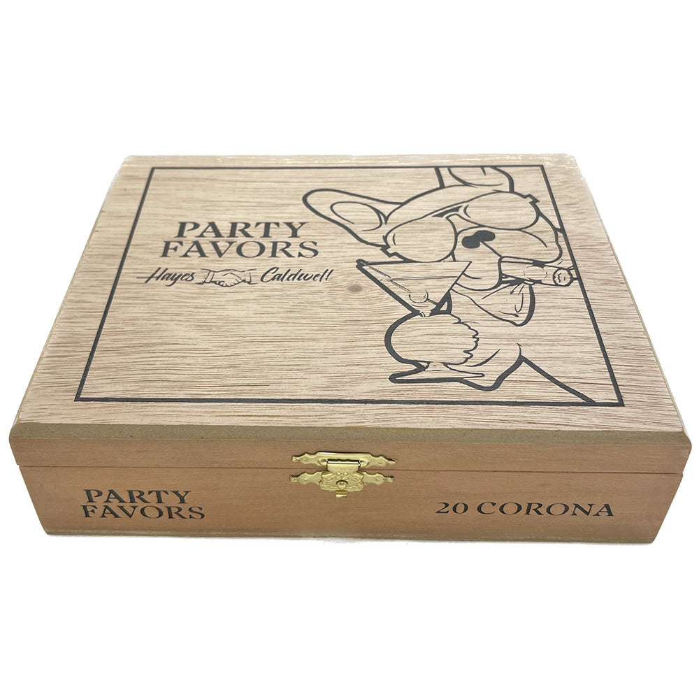 Wooden cigar box labeled "Party Favors Hayes Caldwell" with playful dog illustration, 20 Corona cigars, closed with a brass latch.