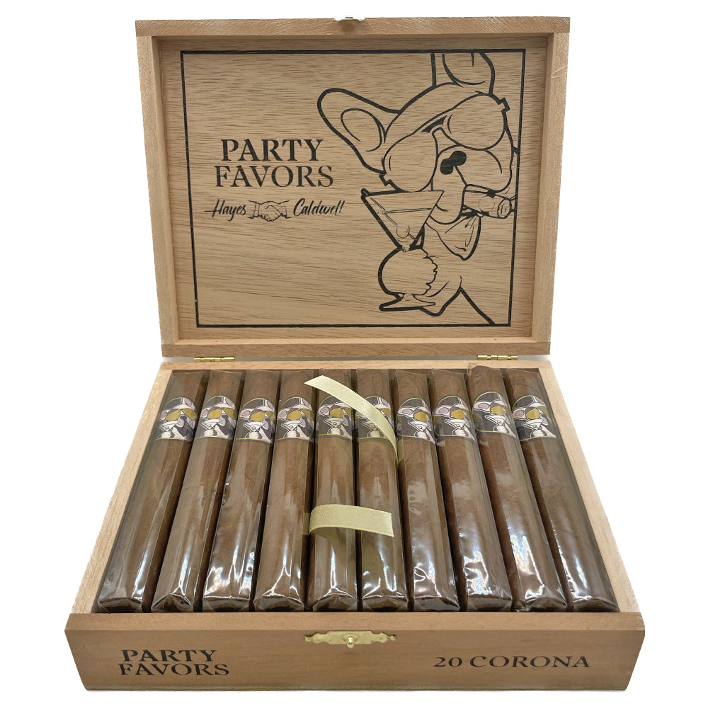 Open wooden cigar box with ten wrapped cigars labeled Party Favors by Hayes Caldwell, featuring cartoon dog with martini glass.