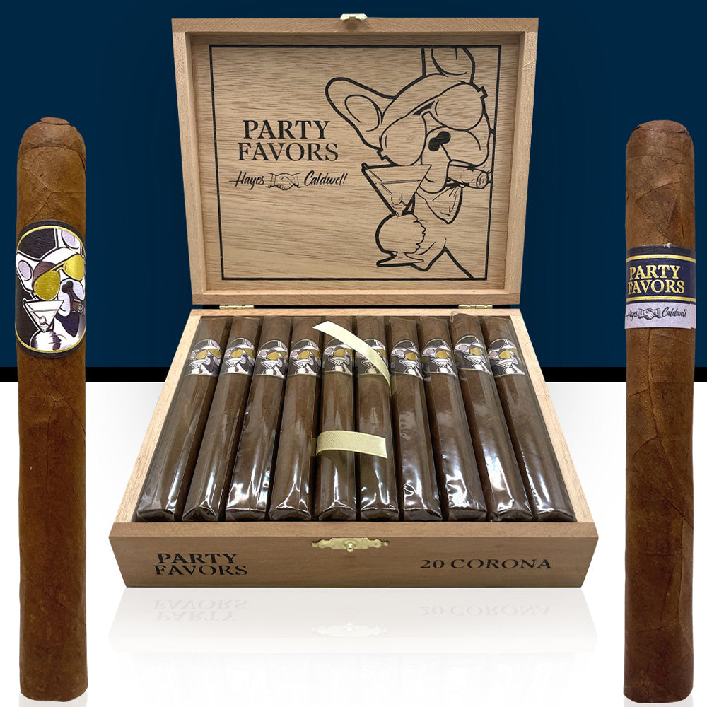 Wooden box of Party Favors cigars with artwork and branding, featuring 20 individually wrapped cigars inside.