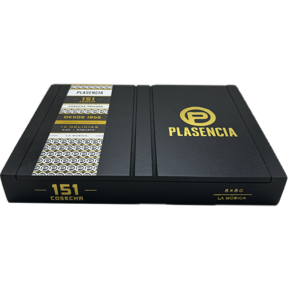 Plasencia 151 Cosecha cigar box with logo and gold lettering, showcasing sleek packaging design.
