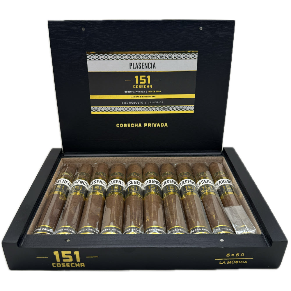 Box of Plasencia 151 Cosecha cigars in black packaging with yellow and white label, featuring ten cigars in a row.