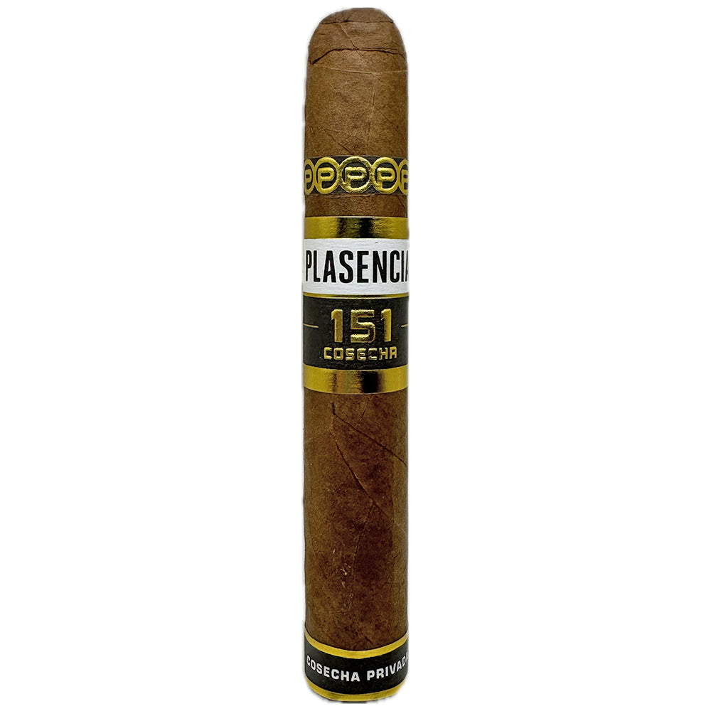 Plasencia 151 Cosecha cigar with brown wrapper and gold accents against a white background.