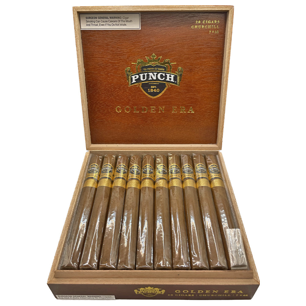 Box of Punch Golden Era cigars with elegant wooden packaging.