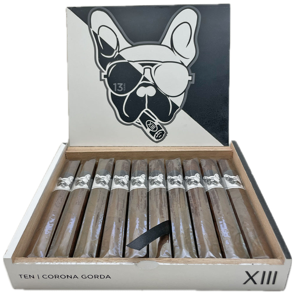 Box of ten Corona Gorda cigars with artistic bulldog logo design on packaging.