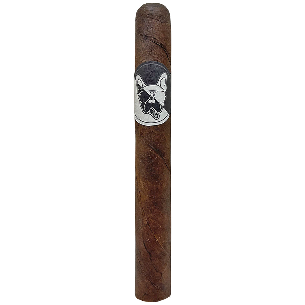 Close-up of a brown cigar with a decorative dog-themed band near the top.