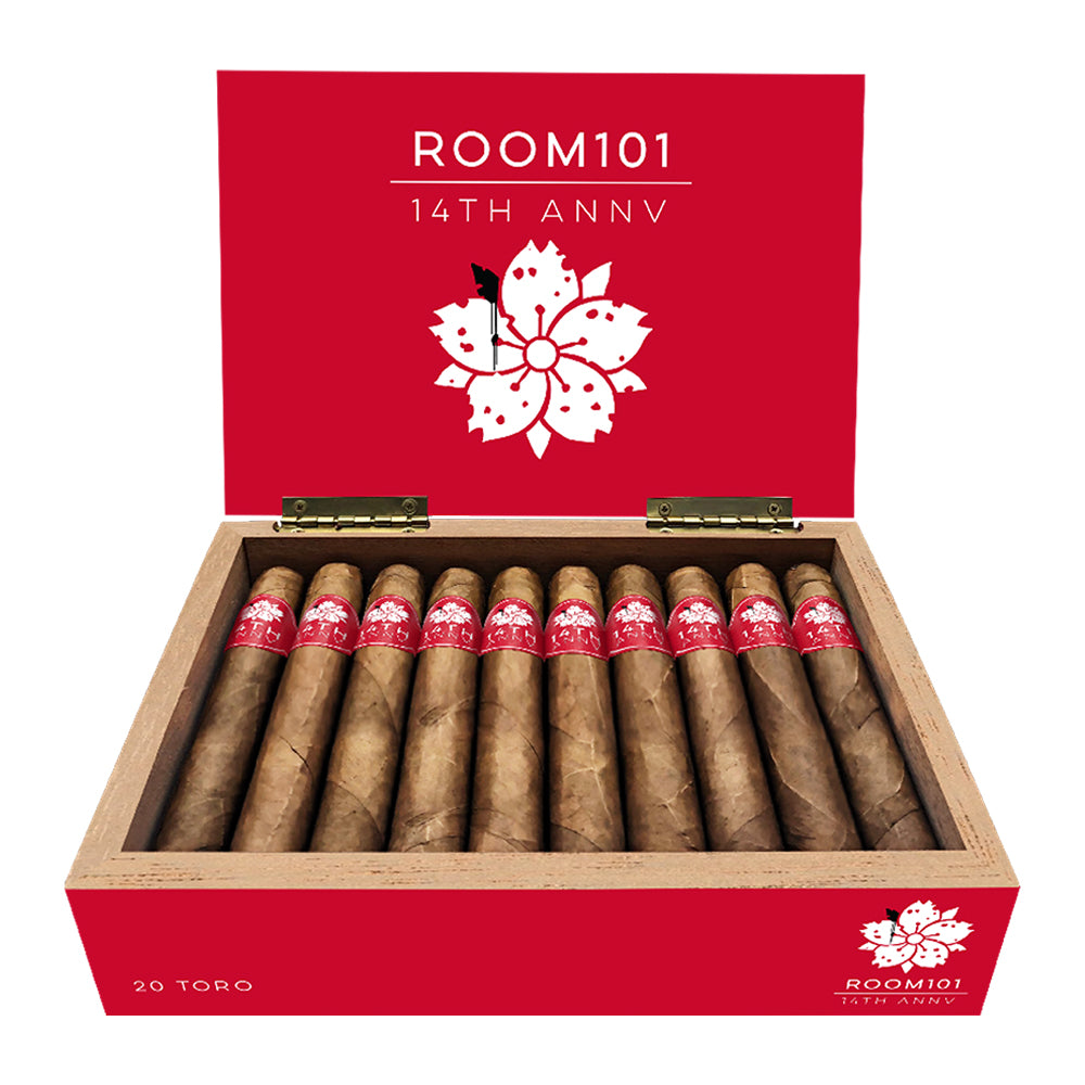 Room101 14th Anniversary cigars in a red box with floral design, featuring twelve premium cigars with red bands.