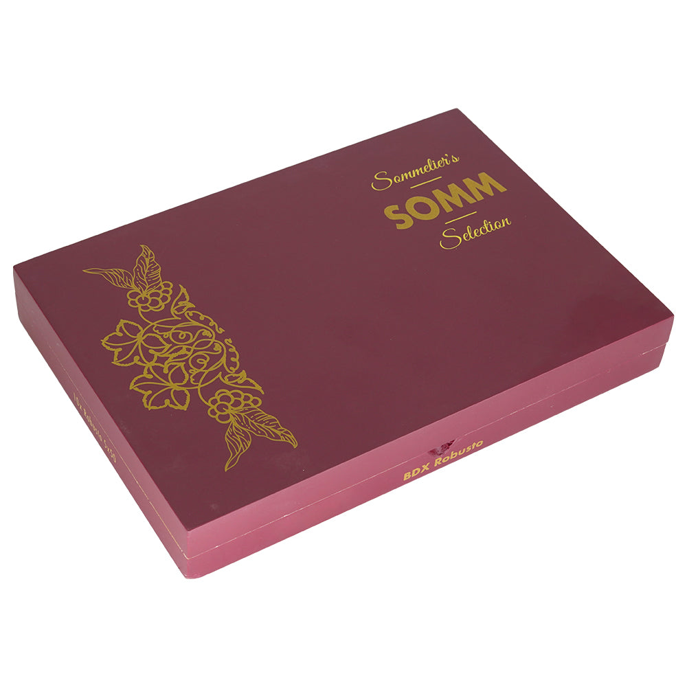 Maroon box with gold floral design and text reading "Sommelier's SOMM Selection BDX Robusto"