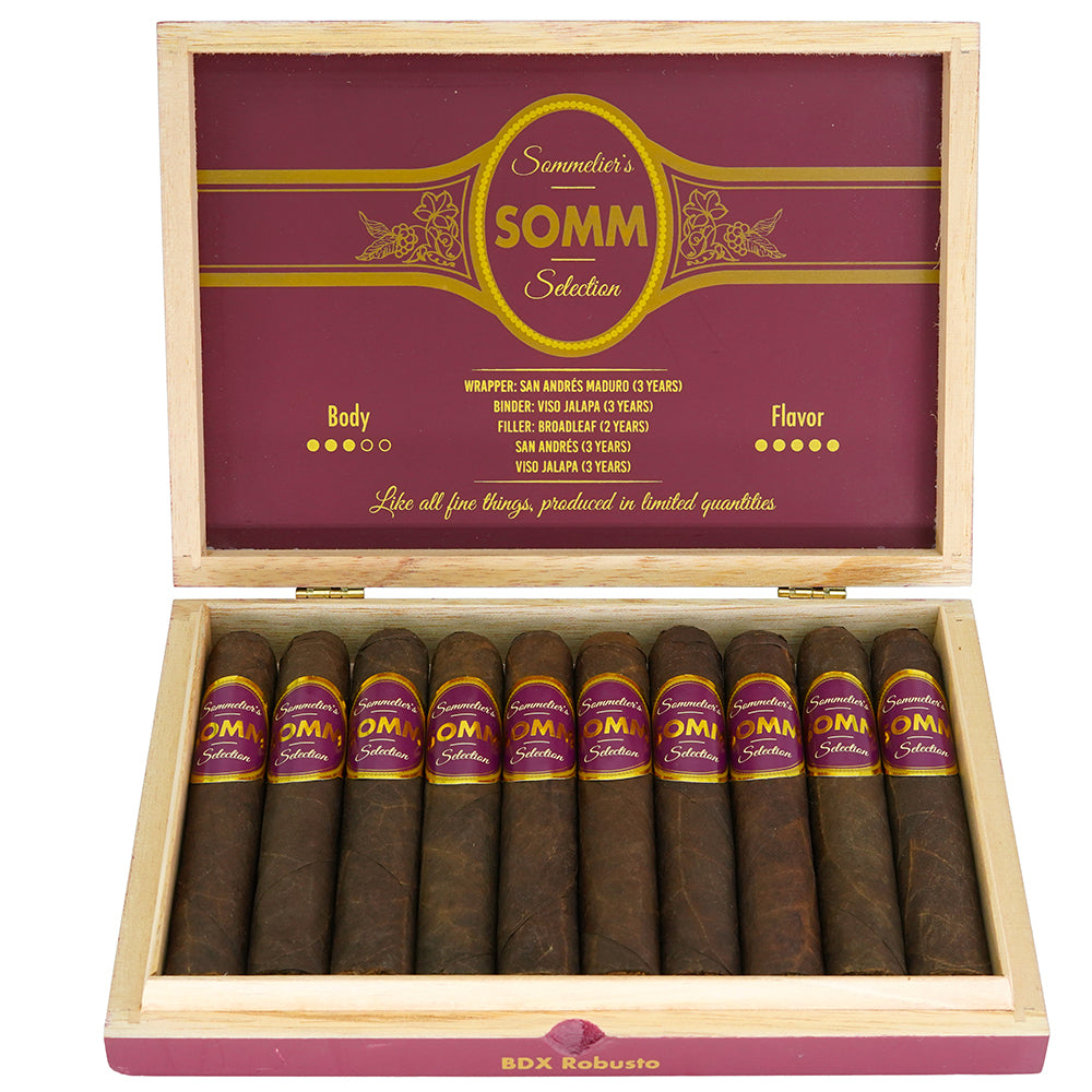 Wooden box of ten premium Sommelier's SOMM Selection cigars with detailed labeling on the inside lid.