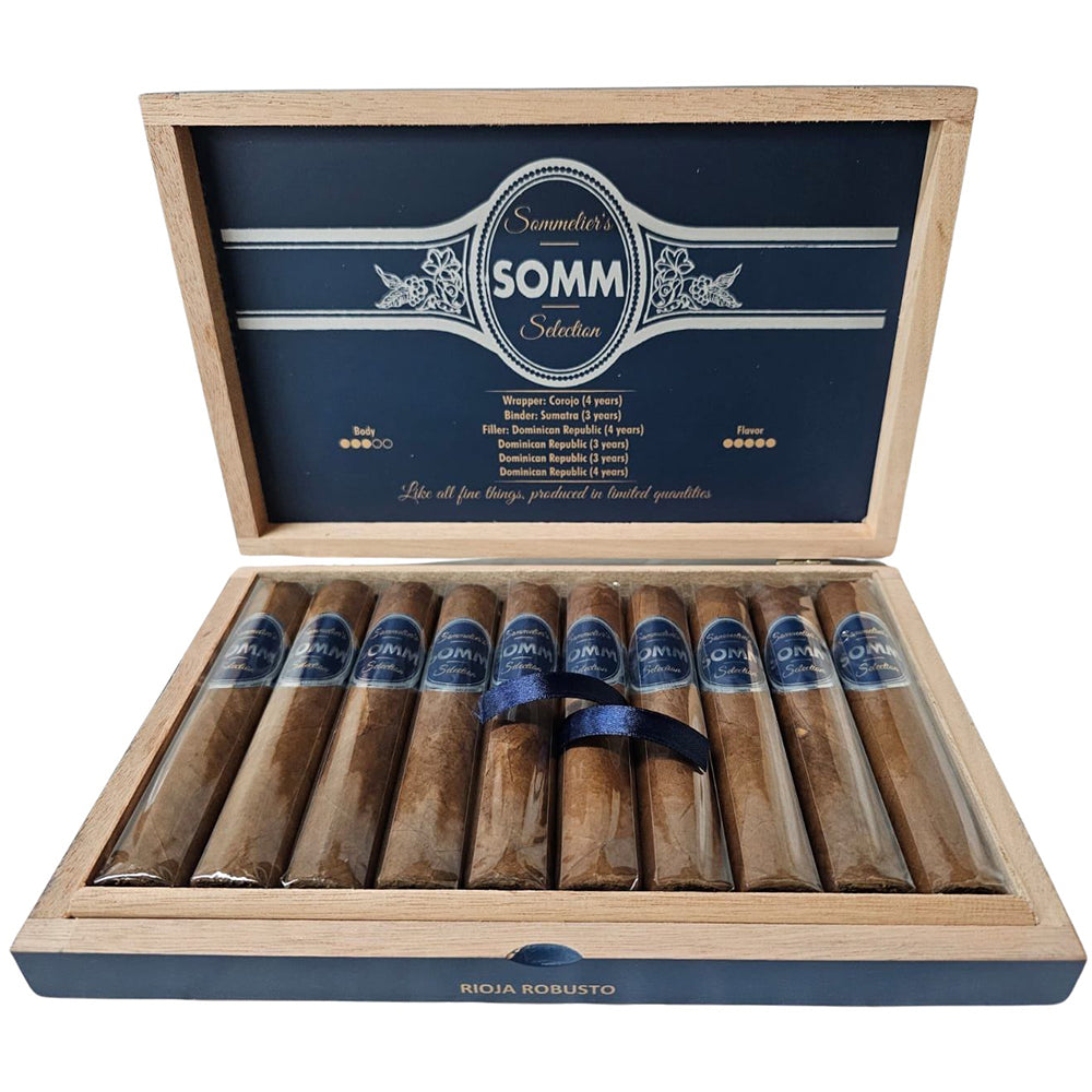 Open wooden box of Somm Selection cigars, featuring rows of cigars with blue labels, showcasing premium Dominican Republic tobacco blend.