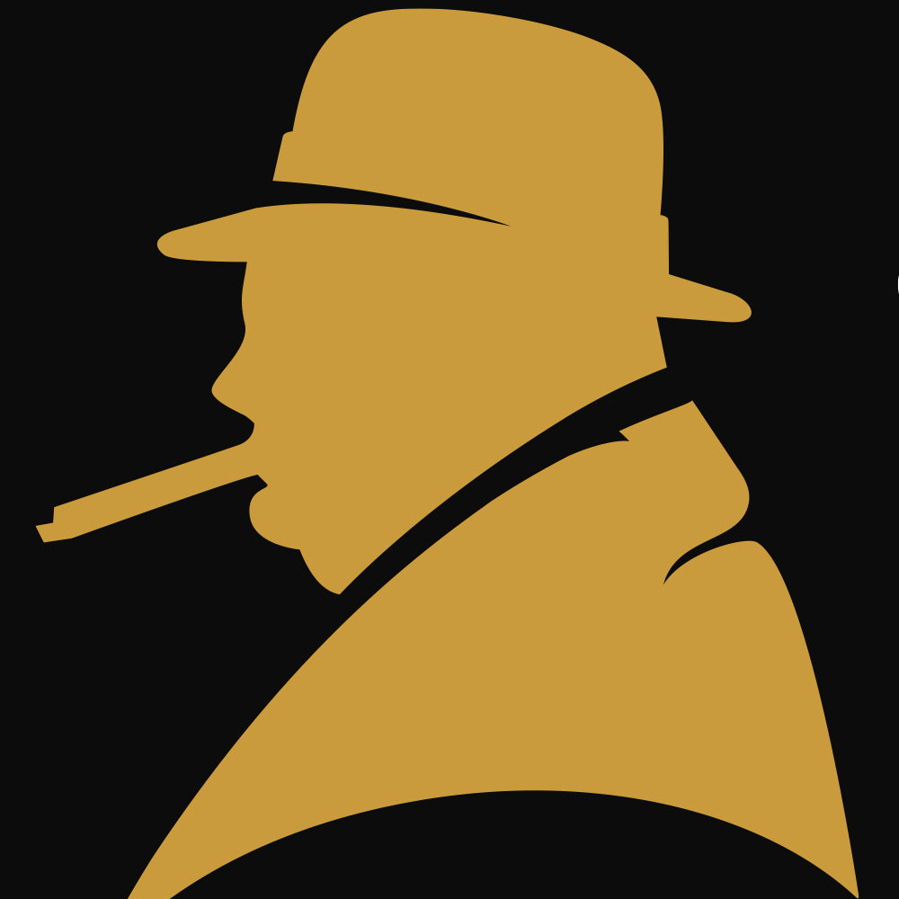Silhouette of a person wearing a hat and smoking a cigar in a stylized design.