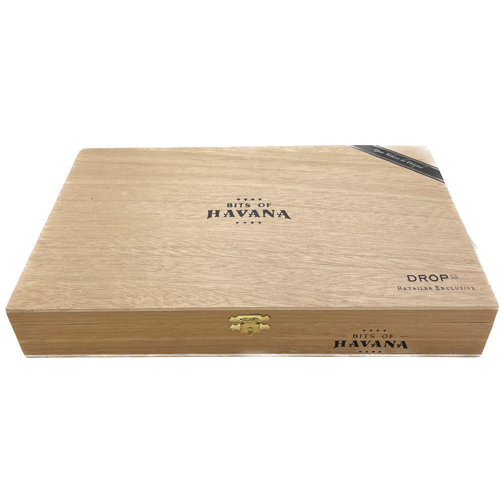Wooden cigar box labeled "Bits of Havana" with secure clasp and retailer exclusive tag.