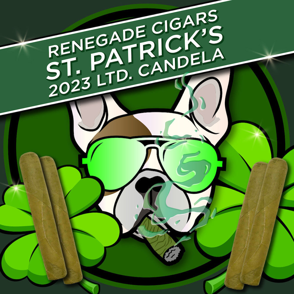 Renegade Cigars St. Patrick's 2023 Ltd. Candela label with smoking dog cartoon, green sunglasses, shamrock background, and candela cigars on sides.
