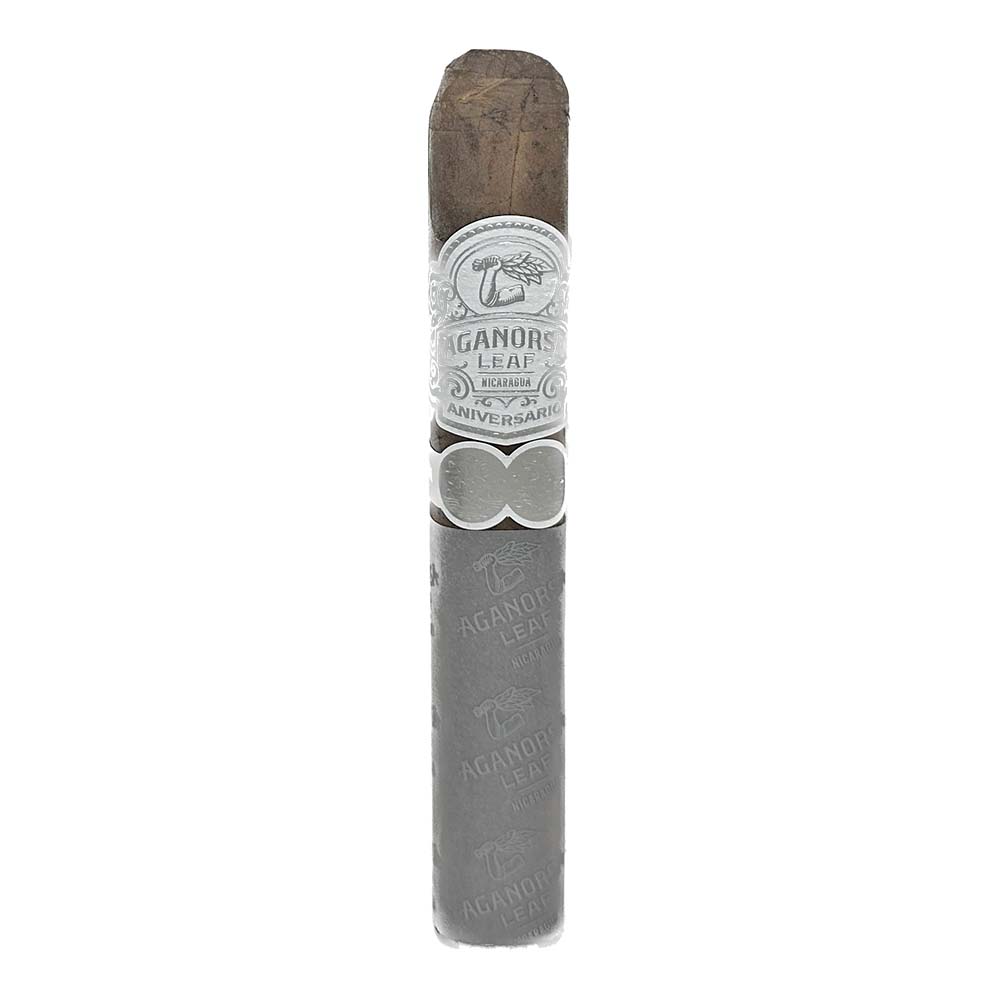 Aganorsa Leaf Aniversario cigar with decorative band on white background.