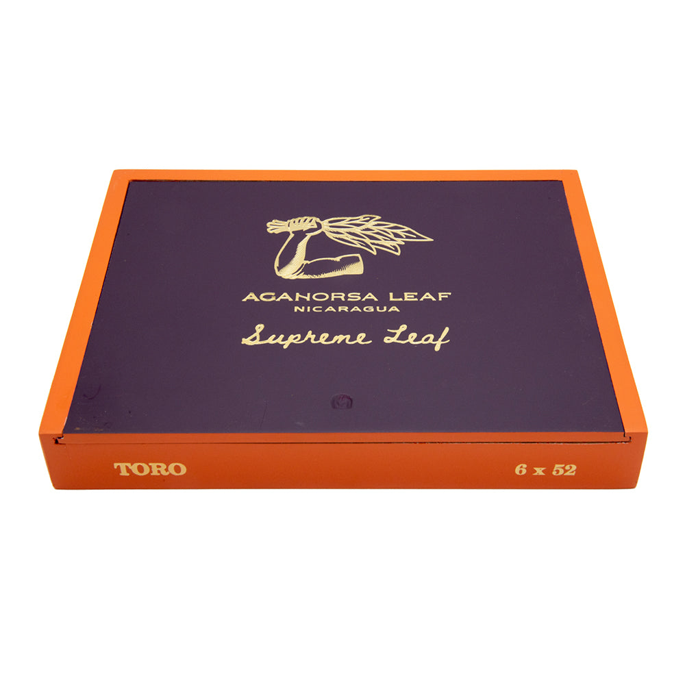 Aganorsa Leaf Supreme Leaf Toro cigar box with orange border and black lid featuring gold logo and text.