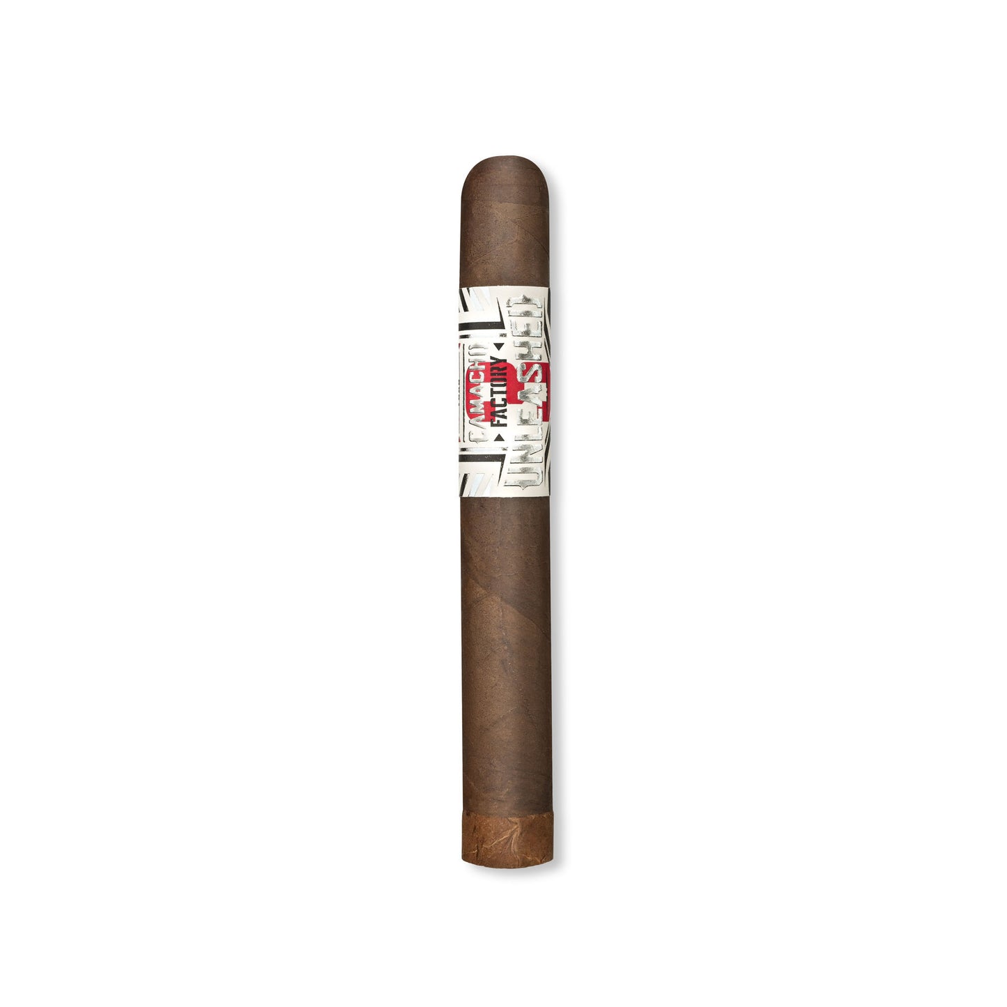 Brown cigar with a white and red label against a white background.