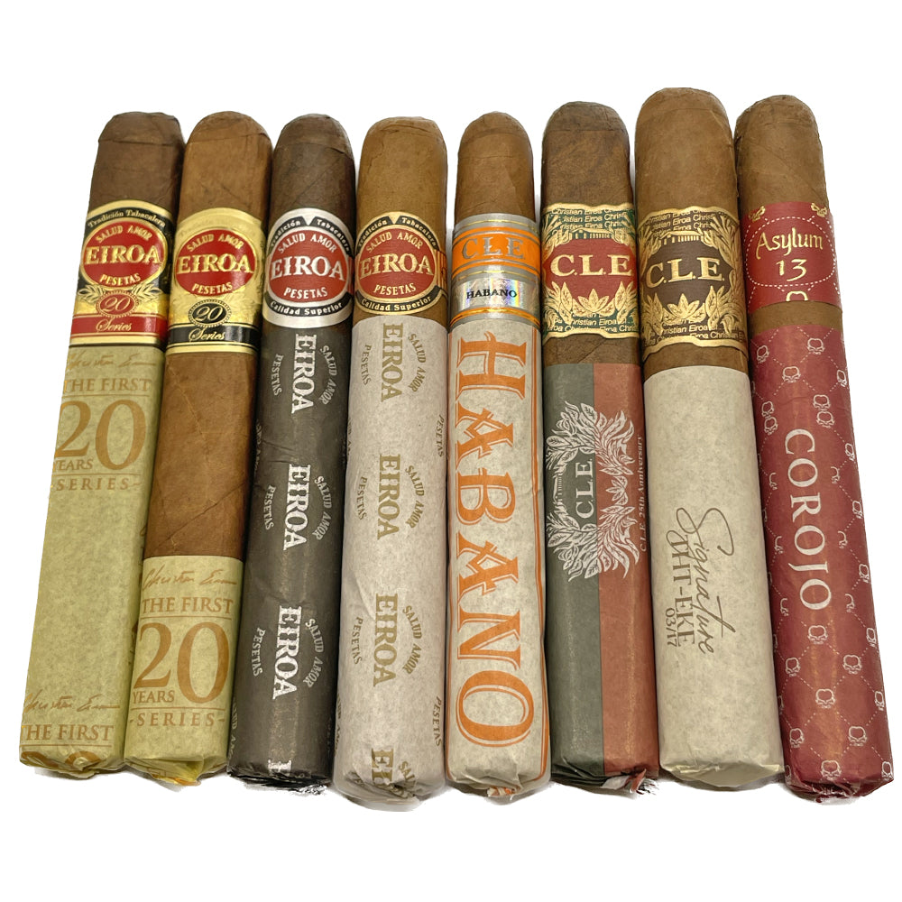 Assorted premium cigars featuring various brands and labels, including Eiroa, Habano, CLE, and Asylum, displayed vertically.
