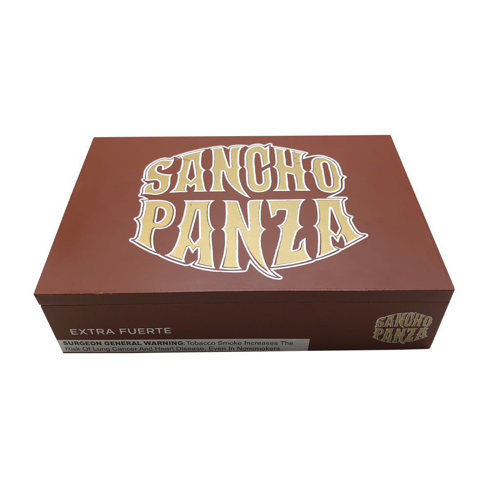 Brown Sancho Panza cigar box with extra fuerte label and health warning.