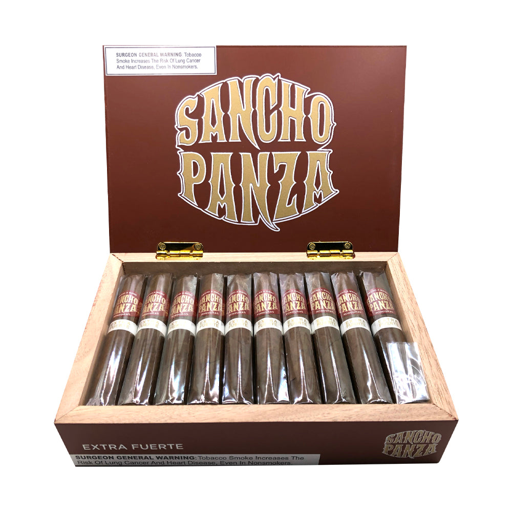 Open box of Sancho Panza Extra Fuerte cigars with logo and Surgeon General warning label visible.