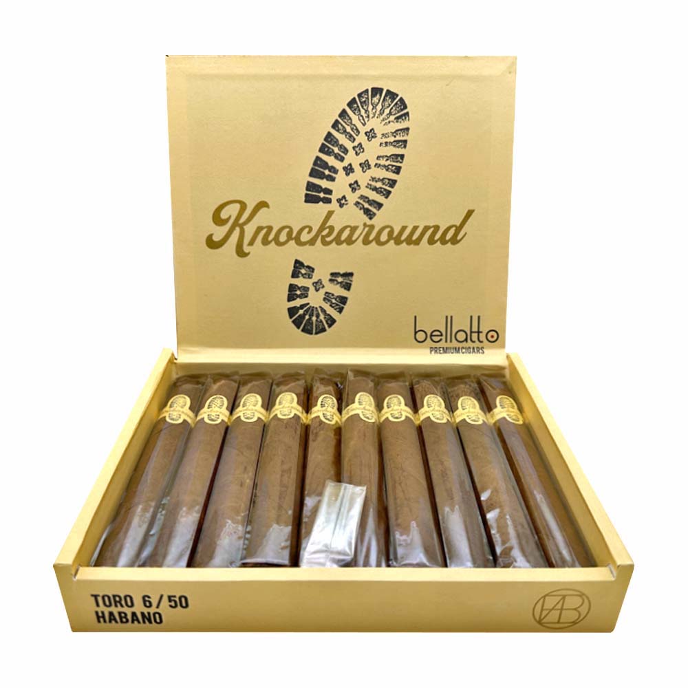 Box of Knockaround Bellatto Premium Cigars with elegant logo and Toro Habano cigars inside.