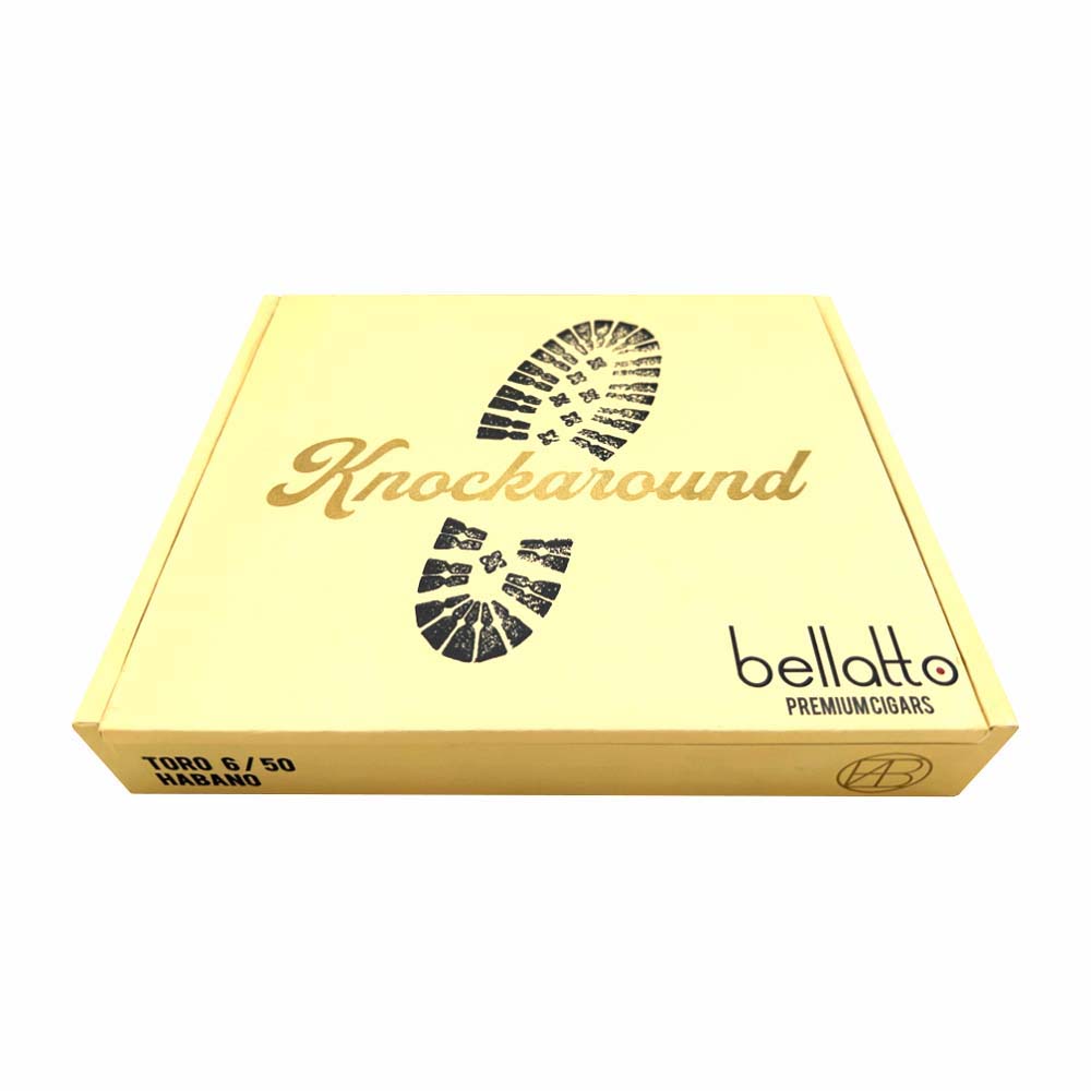 Box of Bellatto Premium Cigars with Knockaround branding and a boot print design.