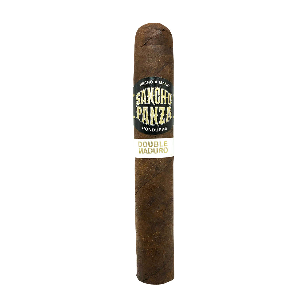Sancho Panza Double Maduro cigar with a dark brown wrapper and label showing "Hecho a Mano" and "Honduras".
