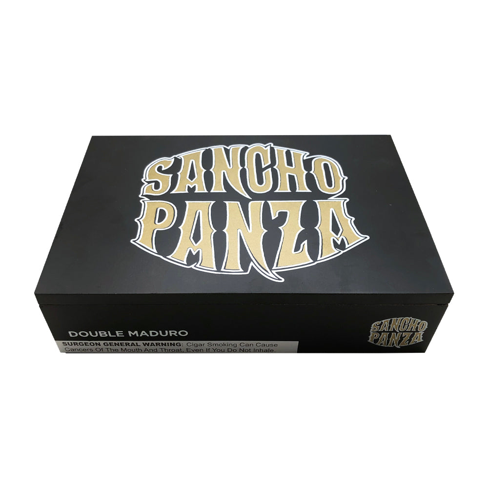 Black Sancho Panza Double Maduro cigar box with bold logo on lid and health warning label.