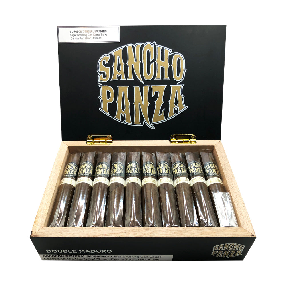 Sancho Panza Double Maduro cigars in an open wooden box with brand logo and warning label.