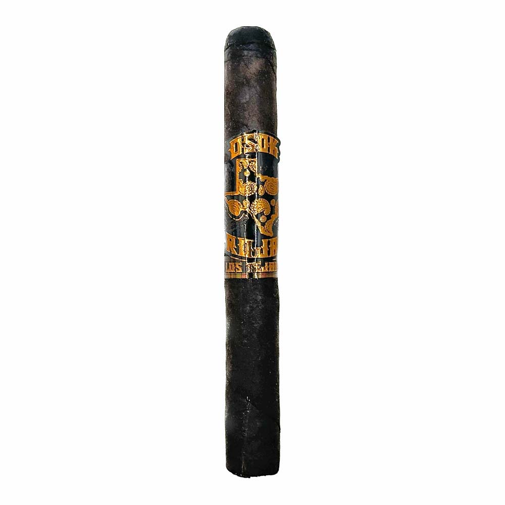 Dark cigar with ornate black and gold label on white background