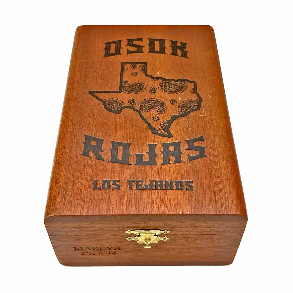 Wooden box with Texas map design, Oso Rojas, Los Tejanos text, and decorative latch.