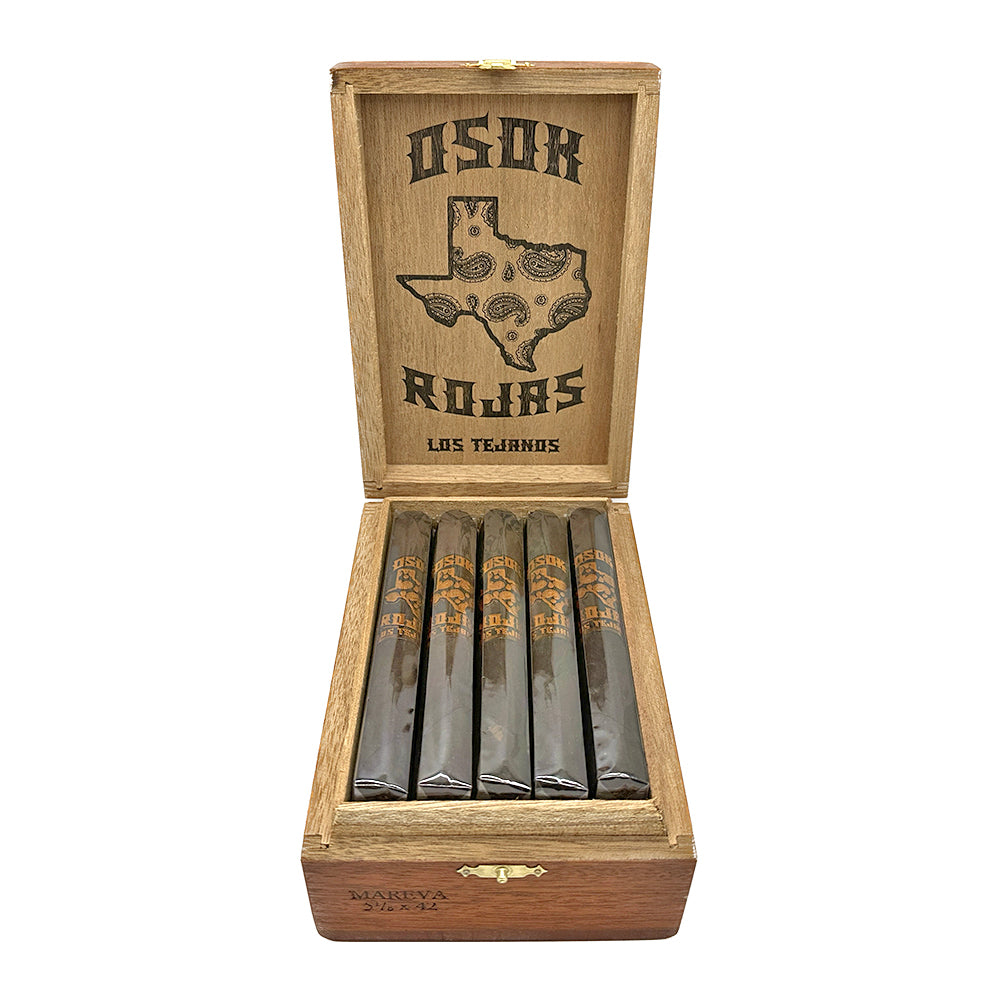 Open wooden box of Los Tejanos cigars by Osox Rojas, showing six cigars lined up inside.